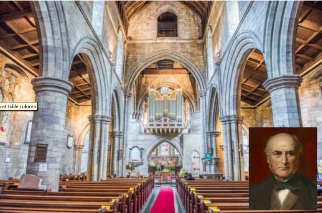 St Cuthbert's Church, Darlington, with portrait of Sir George inset