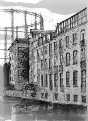 Canalside, with post-industrial buildings